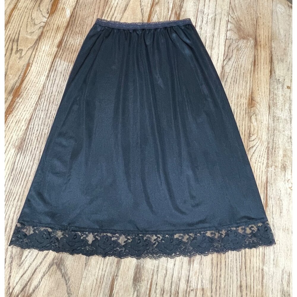 VTG Deena Slip Skirt Womens M Black Nylon Lace 27 in Made in USA